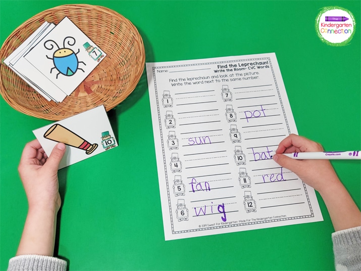 You can also add the cards to a basket and have students draw a card and write the word on their recording sheet.