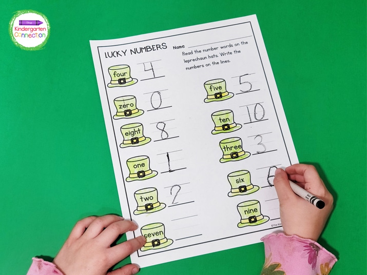 For this activity, students simply read the number words on the leprechaun hats and write the matching numbers on the lines.
