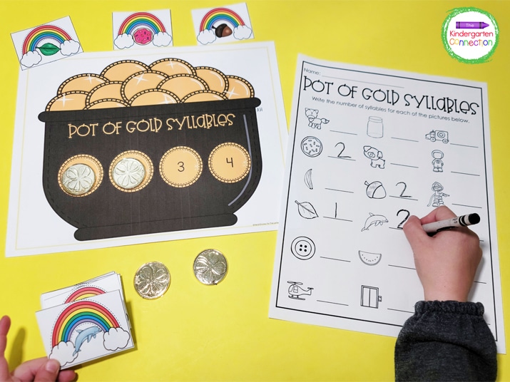 This activity includes a Pot of Gold syllable mat, rainbow picture cards, and a recording sheet.