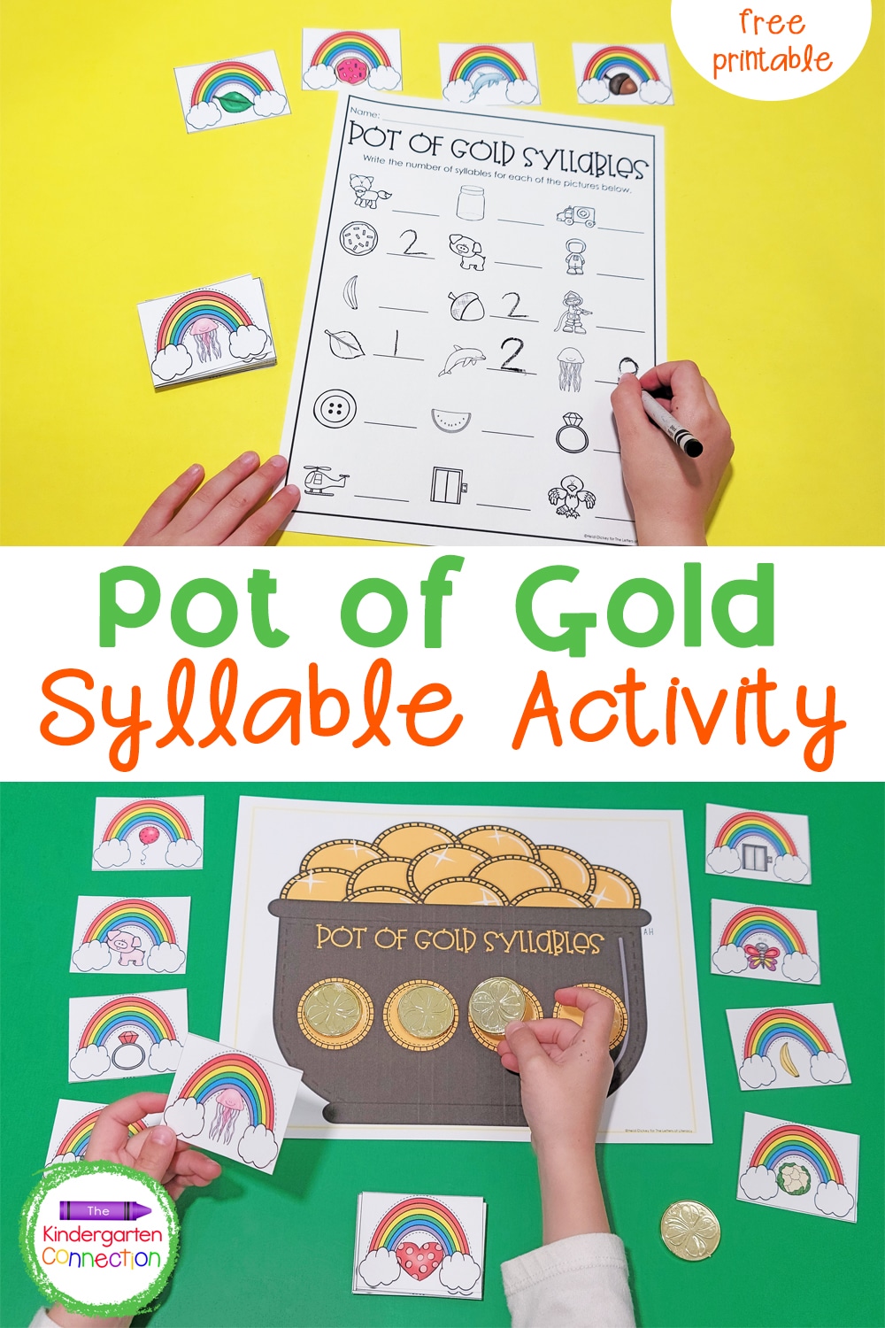 Grab this FREE printable Pot of Gold Syllable Counting Activity to add some hands-on learning fun to your literacy centers this March!
