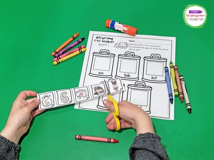 In this Recycling CVC Words activity, kids read the words on the recycling bins and cut and paste the pictures to match.