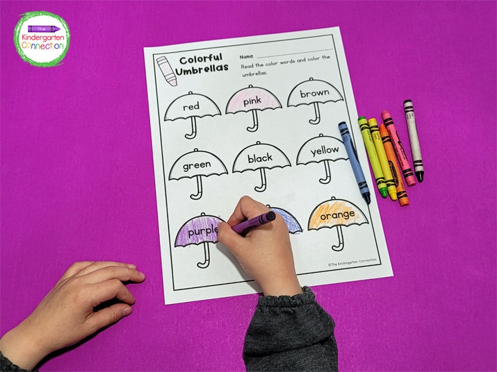 Strengthen color word fluency and color recognition skills with this Colorful Umbrellas printable!