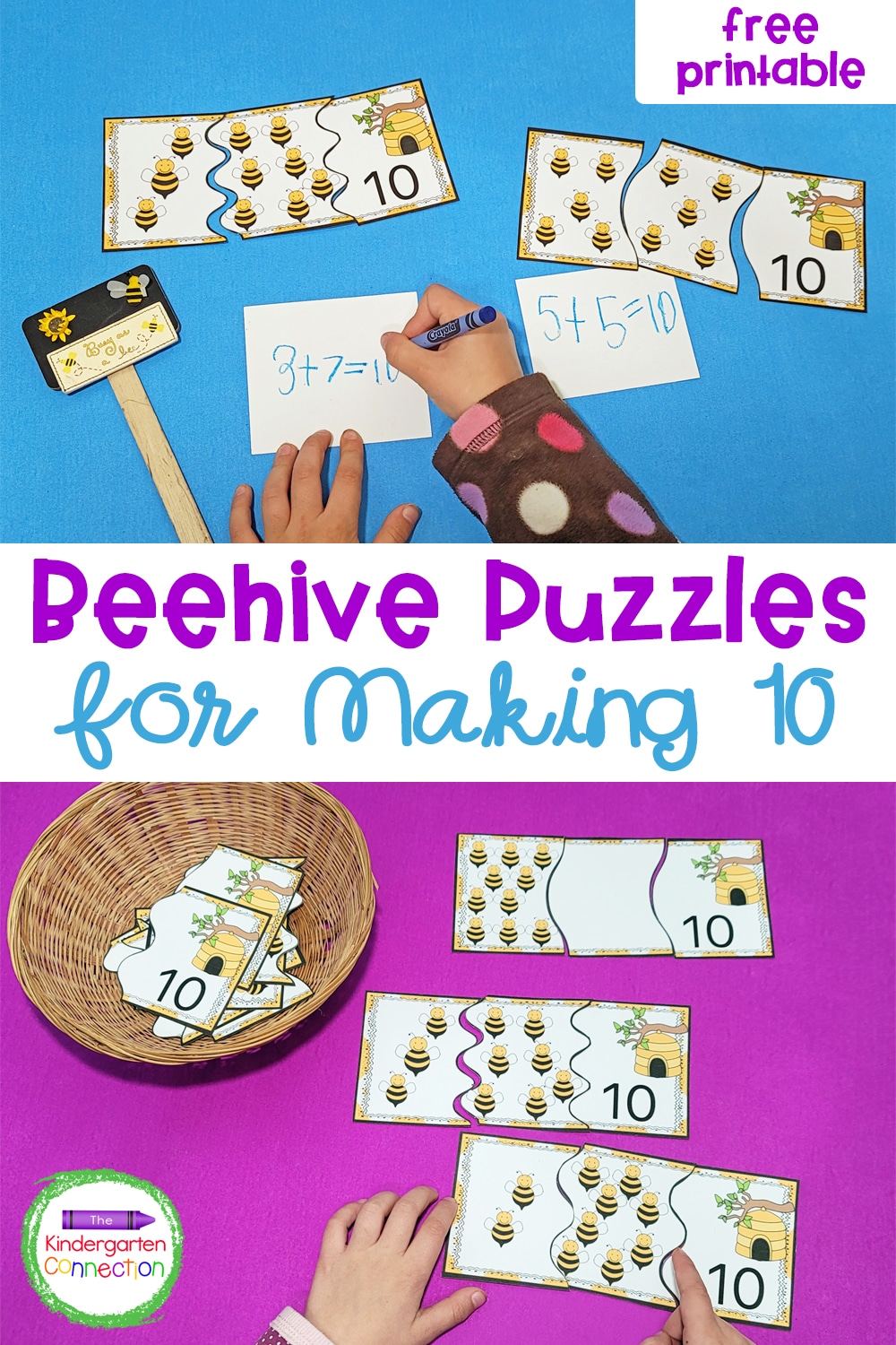 Work on sums of 10 in a fun way with these free Beehive Puzzles for Making 10! Perfect for math centers in Pre-K and Kindergarten!