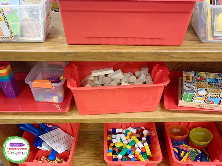 Organizing manipulatives and other supplies can be made easy by keeping them in storage tubs.