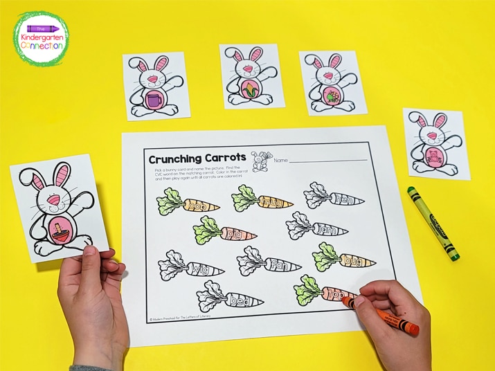 Each bunny card has a fun CVC image on it and the recording sheet has the matching word.