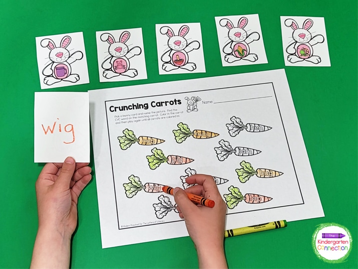 For children still struggling with reading CVC words independently, you can write the words on the back of the bunny cards.