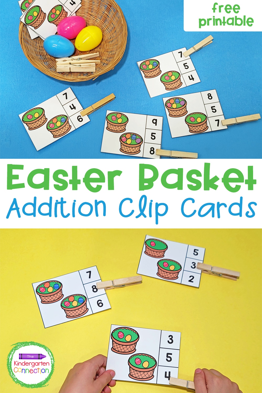 These free Spring Easter Basket Addition Clip Cards are perfect for Kindergarten morning tubs or math centers!