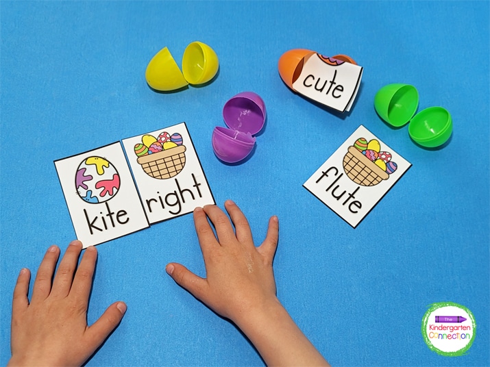 Fold each Easter egg card and place them in plastic eggs. Hide the eggs for students to find matches.