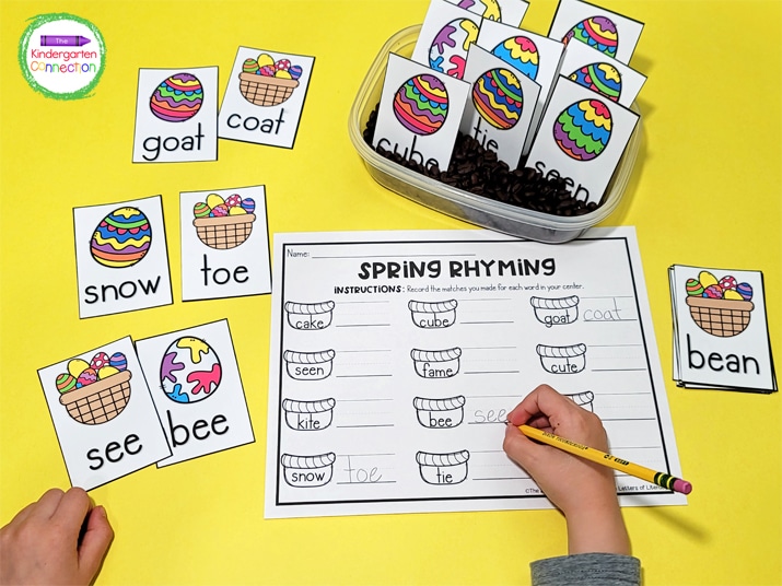 I printed, laminated, and cut the Easter egg rhyming cards and added them to a bowl to make a sensory bin.