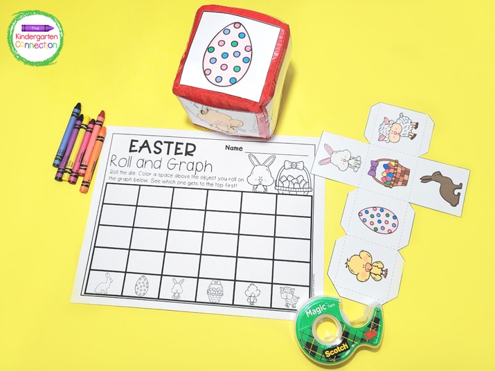 The recording sheet and printable die include fun pictures of 6 different Easter-themed pictures.