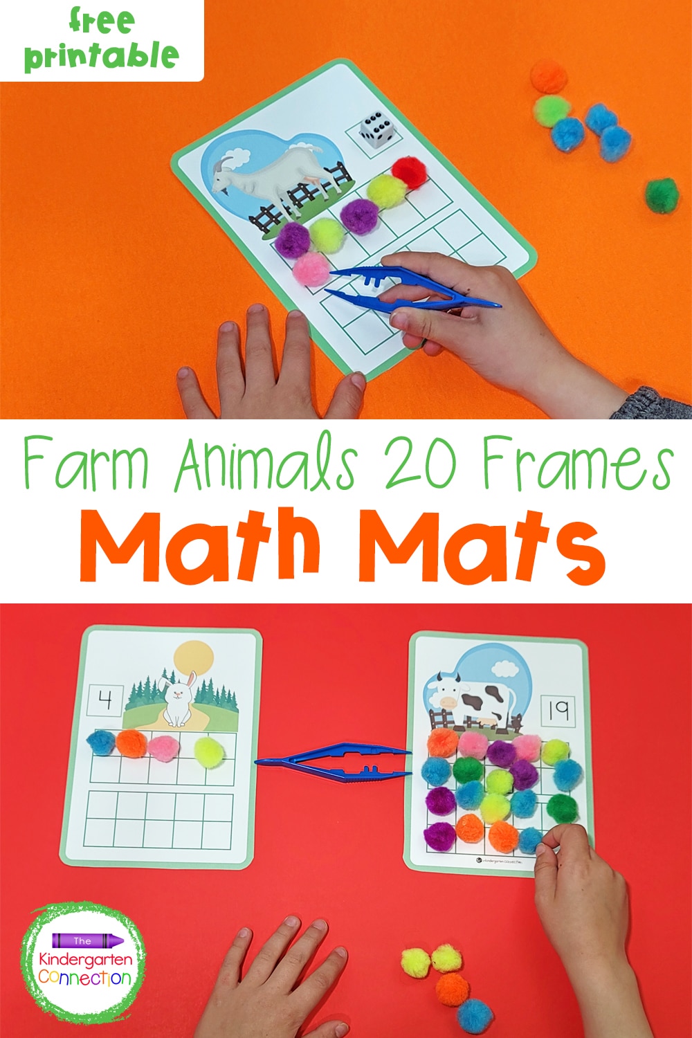 These free printable Farm Animal 20 Frames Math Mats are great for Kindergarten math centers or small groups!