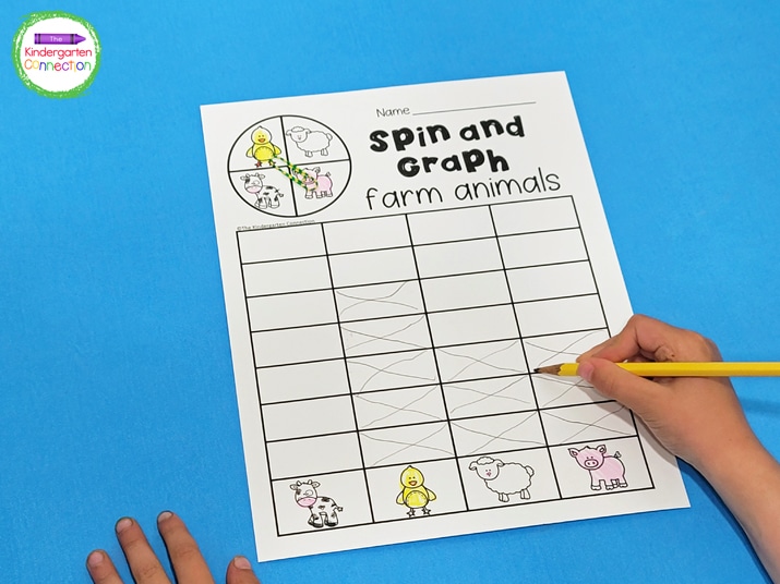 Once the kids land on a farm animal, they color or mark a box above that animal with an 'x.'