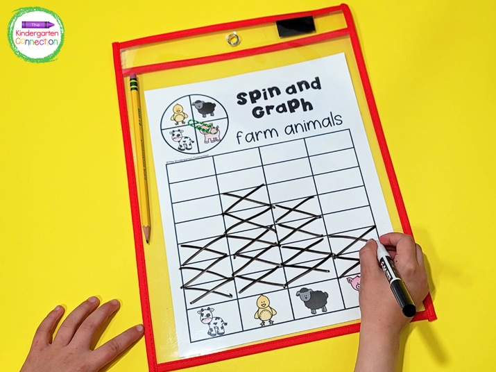 Place the spin and graph printable inside a dry erase pocket sleeve and kids can mark the boxes with a dry erase marker.