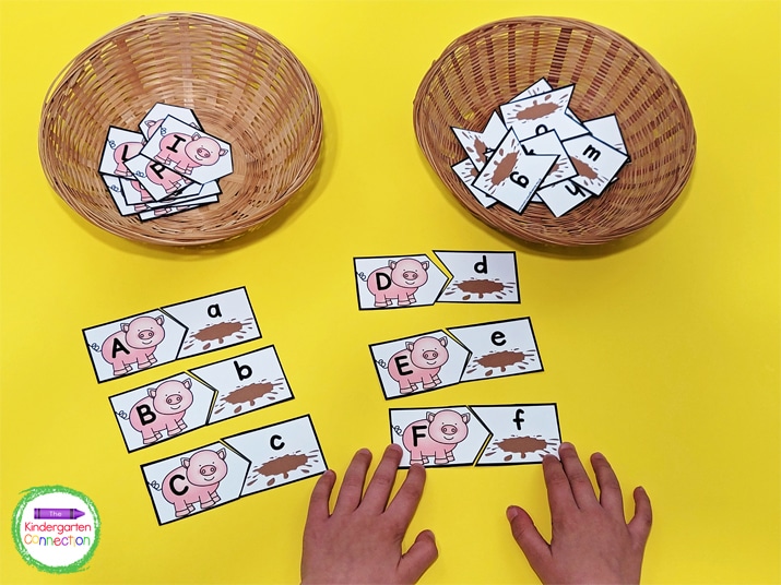 To use this alphabet match, students pair an uppercase pig piece with a lowercase mud puddle piece.