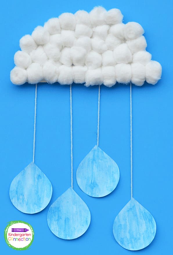 Once dry, cut the painted raindrops out and hang from the cloud  with string and tape.