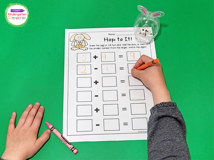"Hop to It!" is a mixed addition and subtraction version of the dice math games.