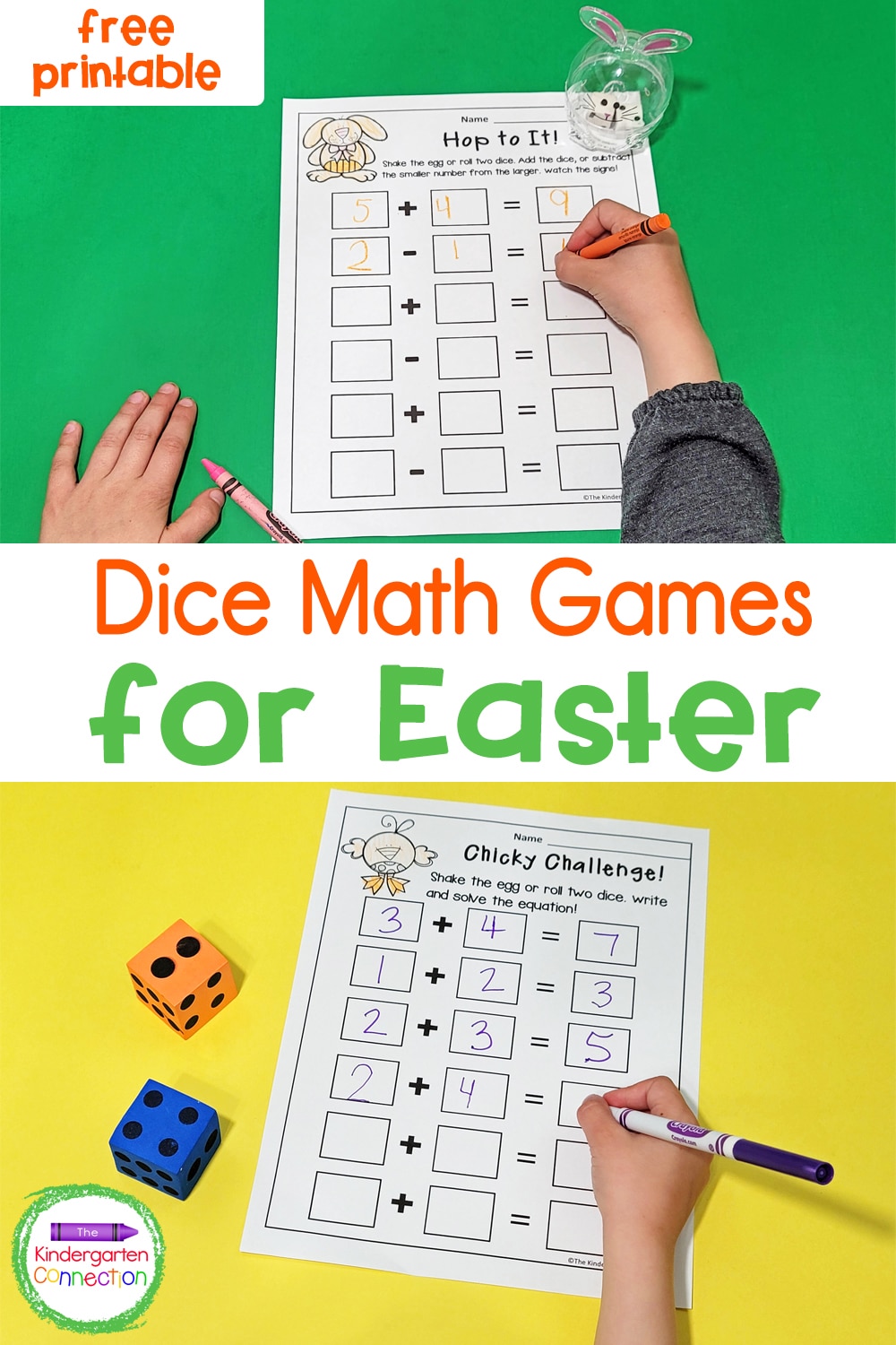 These free Dice Math Games for Easter are the perfect hands-on way to work on addition and subtraction this spring!