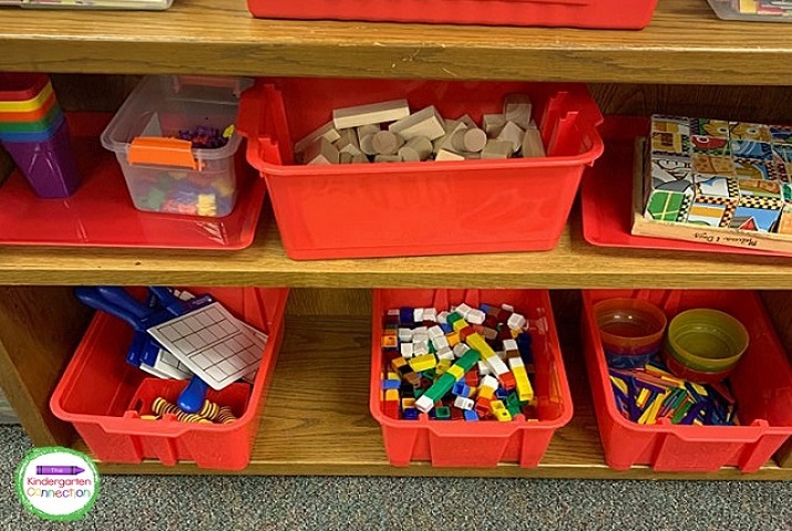 In my classroom, math supplies and centers go in red bins.