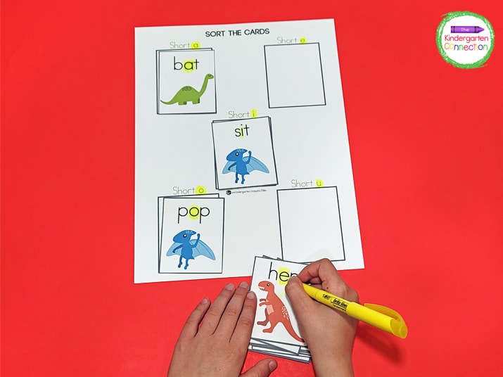 Have students color or highlight the vowel in each CVC word to make it easier to visually identify for sorting.