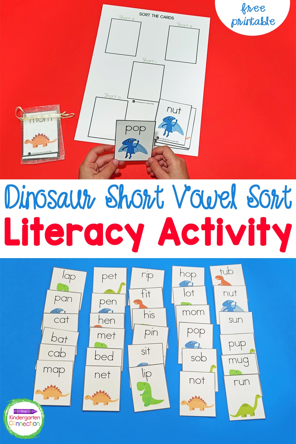 Ths free printable Dinosaur Short Vowel Word Sort Activity is great for Kindergarten small groups and literacy centers!