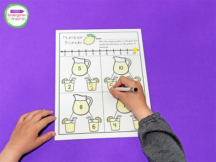 For this printable activity, kids fill in the missing number on the glass to equal the total shown on the lemonade pitcher.