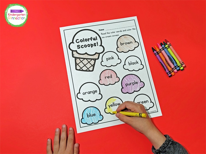 Strengthen color word fluency and color recognition skills with this Colorful Scoops printable.