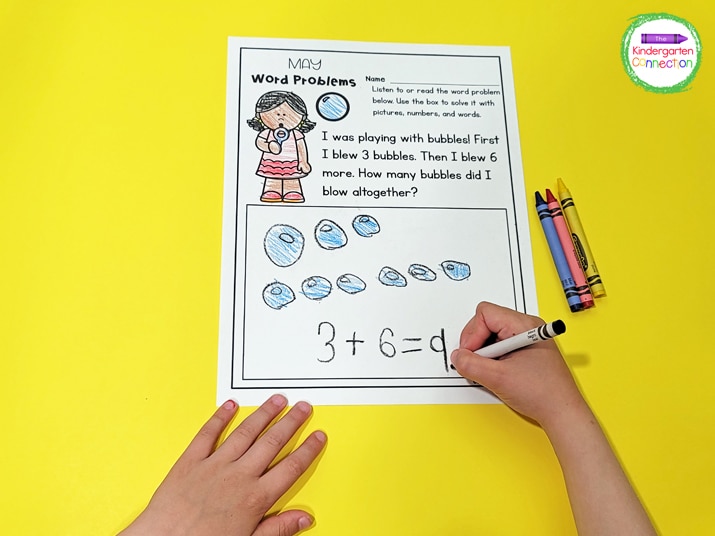 In May Word Problems, students can use the space in the box to solve the problem using pictures, numbers, and words.