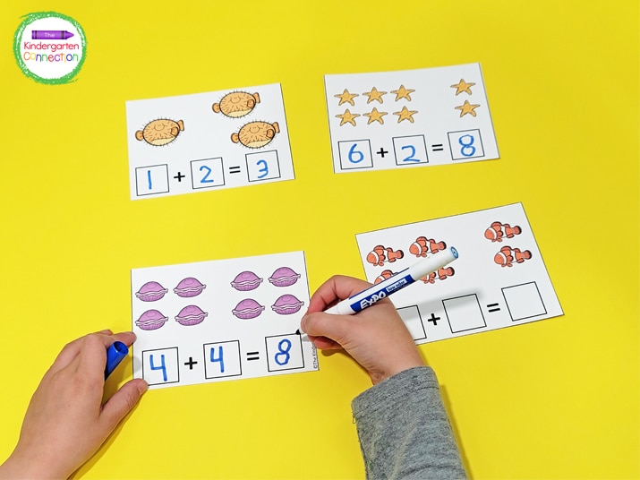 Print, laminate, and cut apart the addition cards for a reusable and super fun math center.