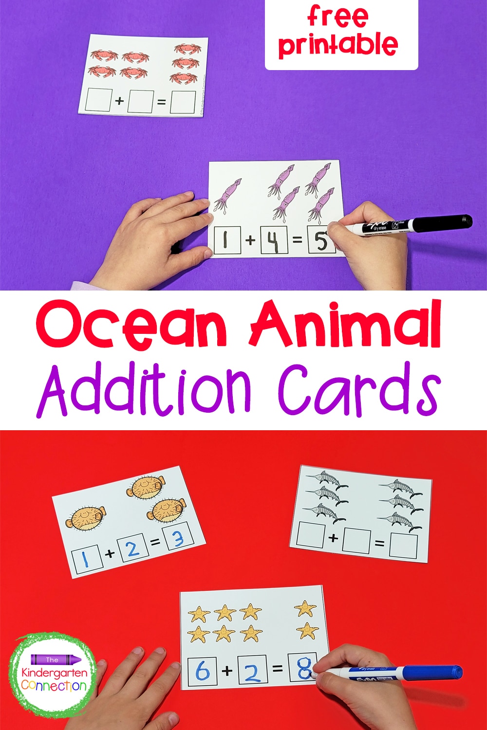 Have fun working on addition with these free Ocean Animal Addition Cards. They're perfect for bringing the ocean fun to your math centers!