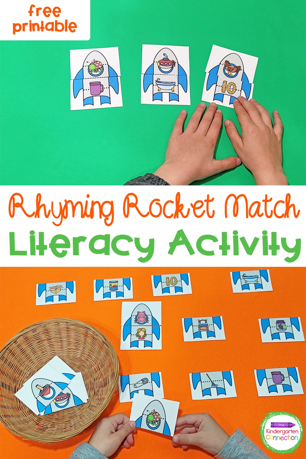 This free Rhyming Rocket Matching Game for Pre-K and Kindergarten is the perfect activity to help kids practice literacy rhyming skills!