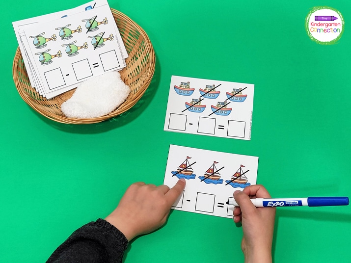 Place the subtraction cards in a small basket and add them to your math centers with a dry erase marker.