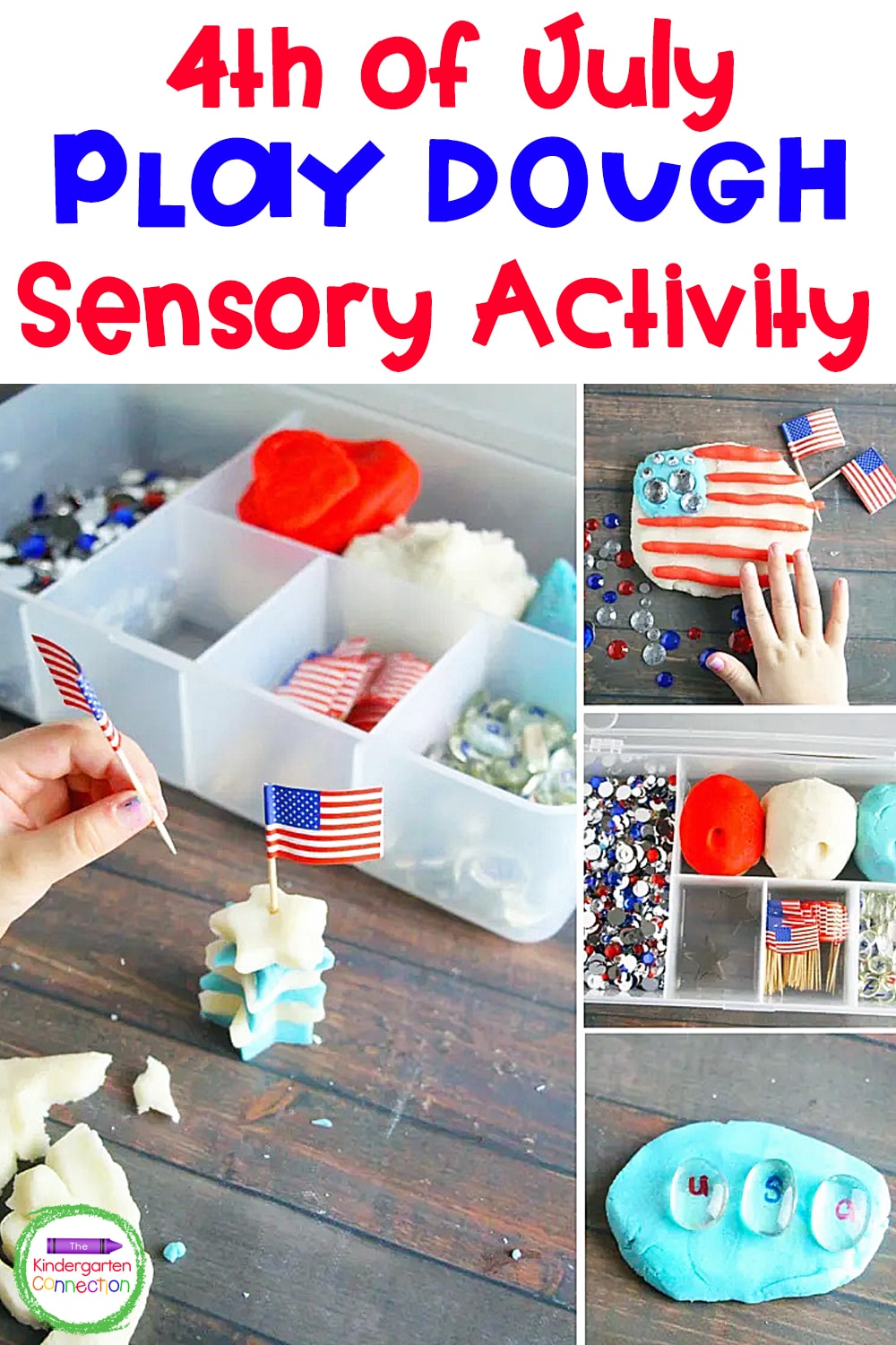 This patriotic play dough kit for kids is perfect for the 4th of July! Stay cool indoors and have some hands-on sensory fun!