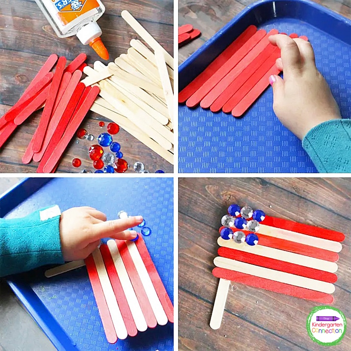 All you need for this American flag craft is some red and white popsicle sticks, glue, and colored gemstones.