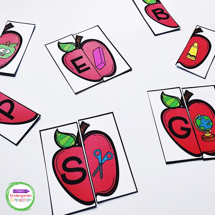You can also lay out all the apple pieces face-up so that students can glance through all of the cards to make their matches.