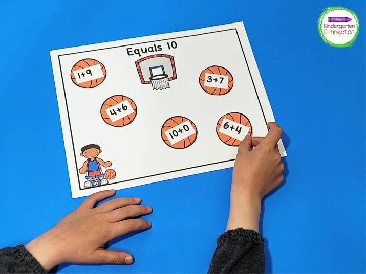 Print the math mats and print, cut, and laminate the basketball cards for a fun make 10 game.