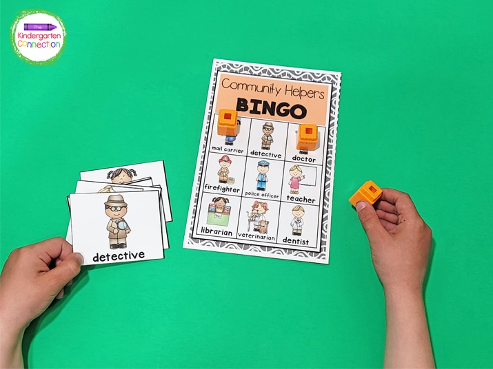 We use unifix cubes for markers when playing this Community Helpers Bingo game.