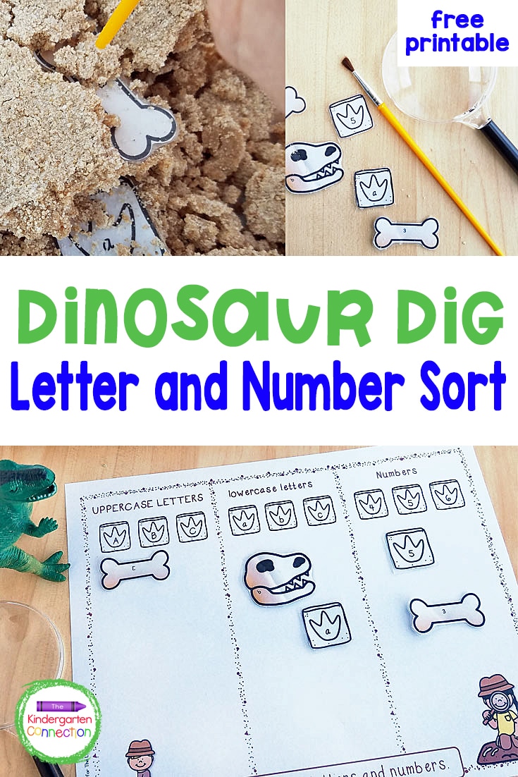 This free Dinosaur Dig Number and Letter Sort Sensory Activity will make working on number and letter recognition feel like playtime!