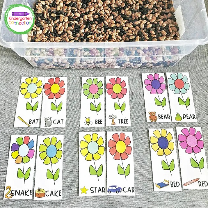 To play, students pick a card from the sensory bin and try to find the matching rhyming flower card.