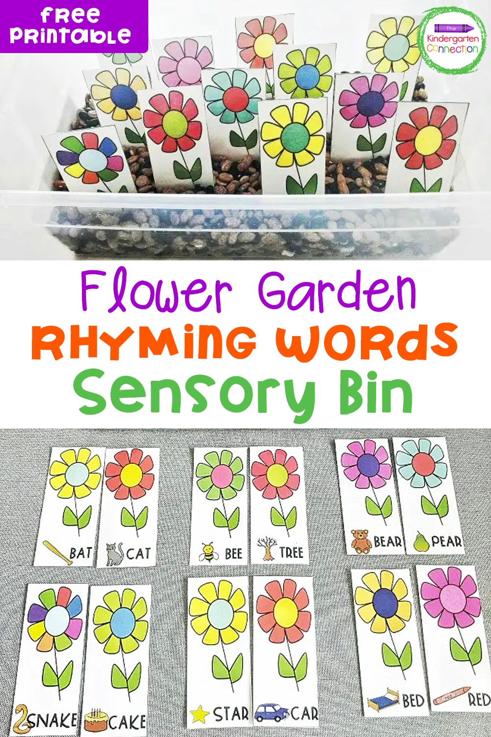 This free Flower Garden Rhyming Words Sensory Bin Activity is perfect for your small groups or literacy centers this spring!