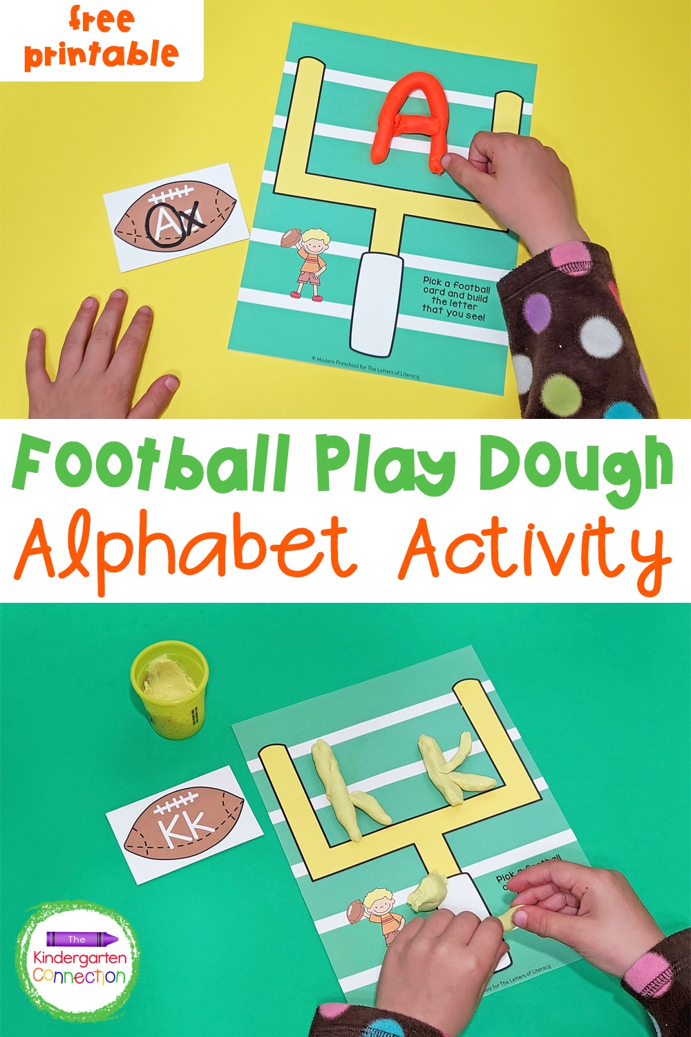 Practice letter recognition with this free Football Alphabet Play Dough Activity! It's a perfect hands-on literacy activity!