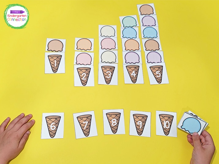 To play, I set out each cone, one through ten, and laid out all the assorted ice cream scoops.