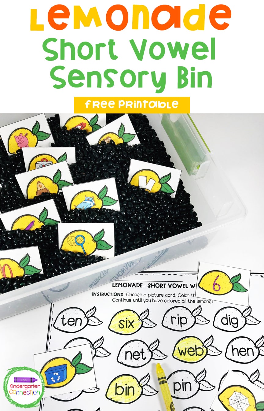 Grab this free Short Vowel Lemonade Sensory Bin Activity for your kiddos to practice short vowels in a fun, hands-on way!