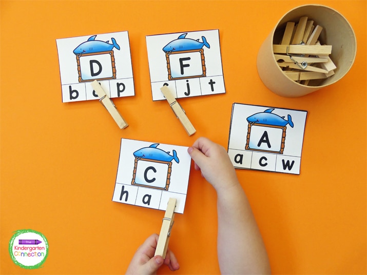Students will have a ton of fun clipping the letter that matches the letter shown on the shark card.