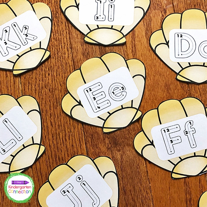 To prep, start by printing and laminating the seashell letter tracing cards. 