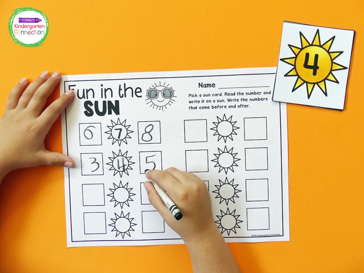 In this activity, kids pick a sun card and identify which numbers come before and after.