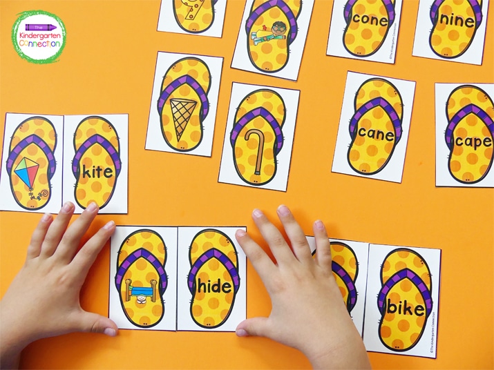 To play this game, kids match the CVCe words to their pictures to make a flip flop pair.