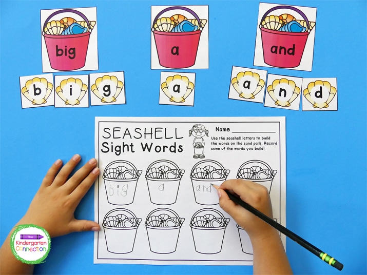 To play, students build the sight words with the seashell letter cards.