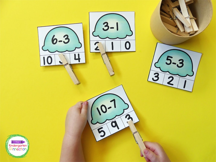 For this activity, students solve the subtraction problems within 10 and clip the answer.
