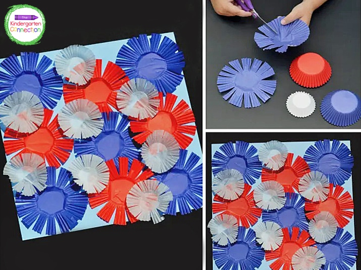 Once the liners have all been cut, have the kids glue them to a piece of paper, layering them to look like a firework display.