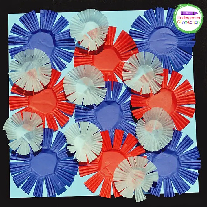 For this fireworks cupcake liner craft, we used red, white, and blue cupcake liners for a patriotic theme.